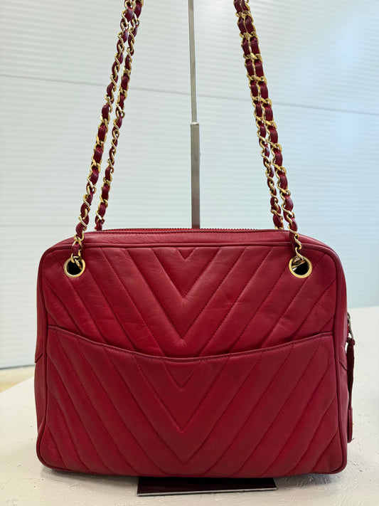 Chanel Red Chevron Quilted Shoulder Bag