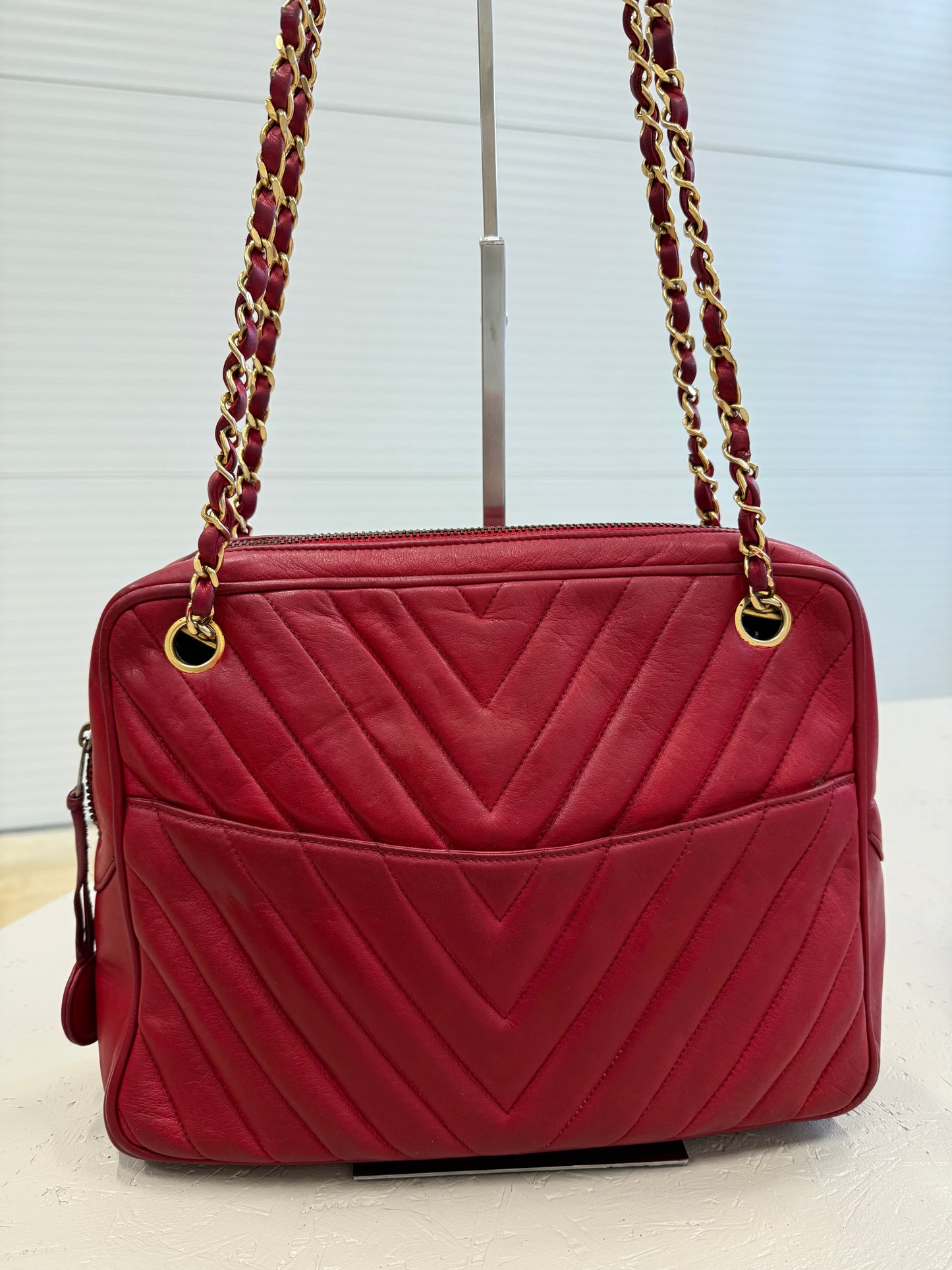 Chanel Red Chevron Quilted Shoulder Bag