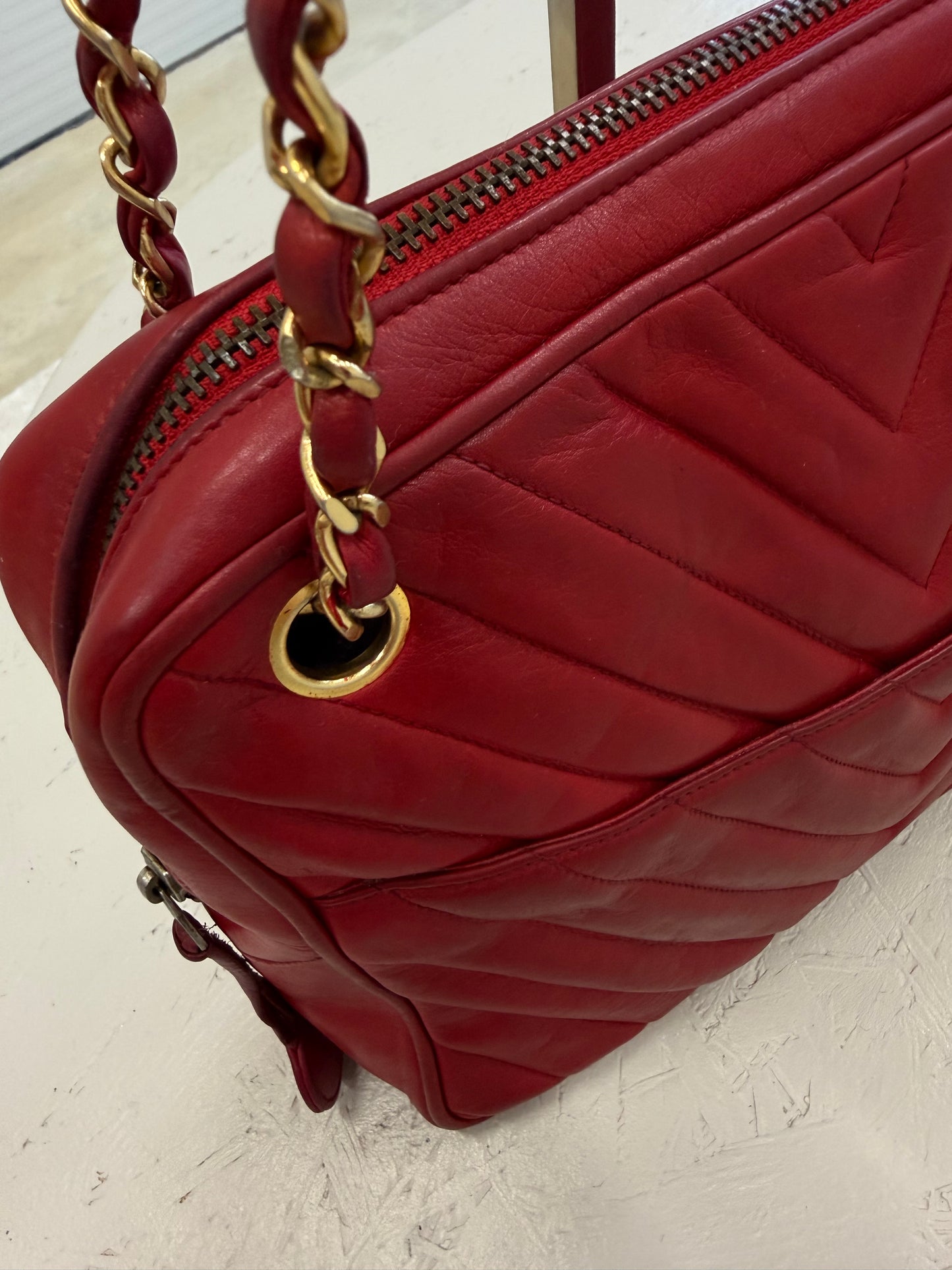 Chanel Red Chevron Quilted Shoulder Bag