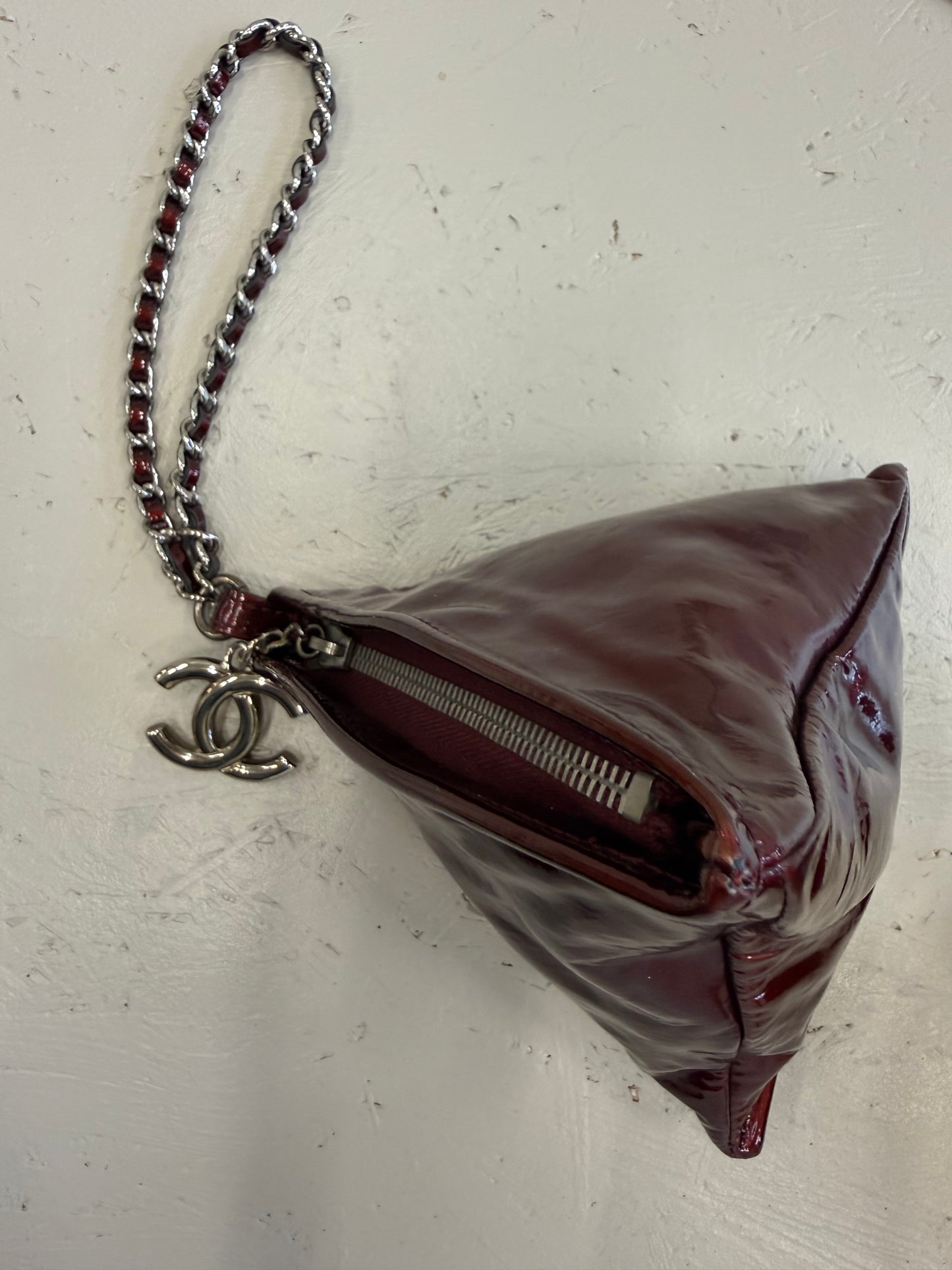 Chanel Dumpling Burgundy Patent Wristlet Bag