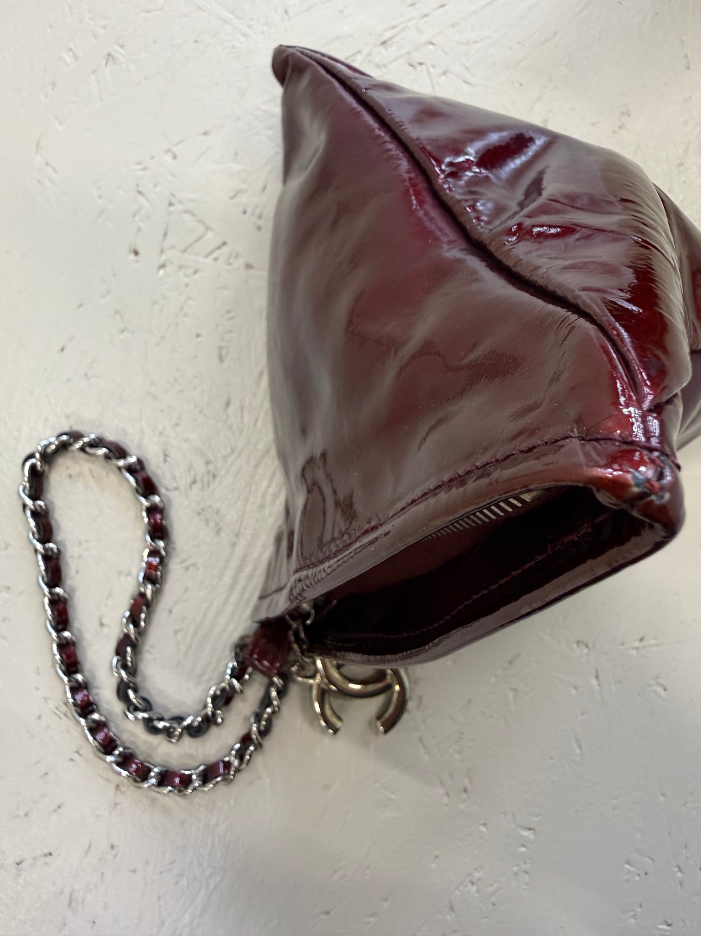 Chanel Dumpling Burgundy Patent Wristlet Bag