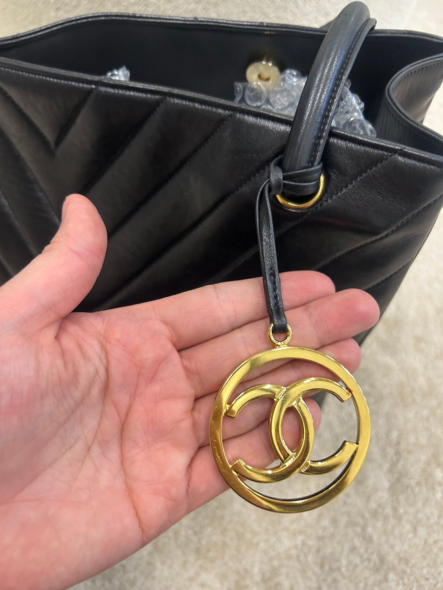 Chanel vertical quilt shopper bag