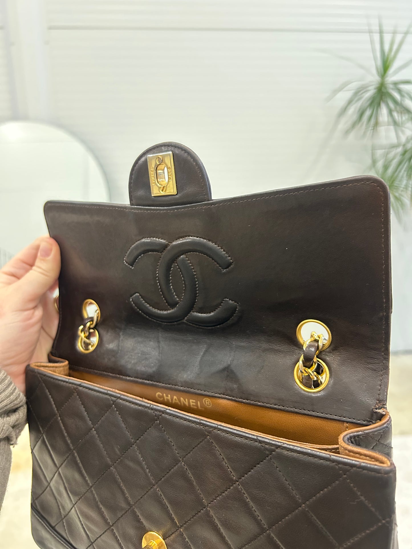 Chanel single flap bag brown
