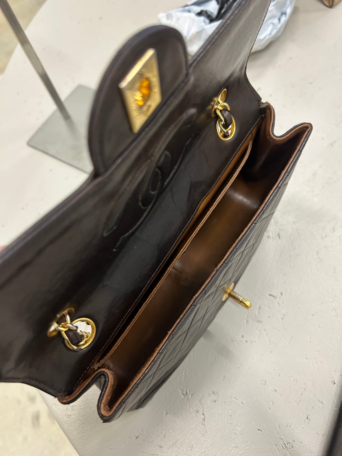 Chanel single flap bag brown