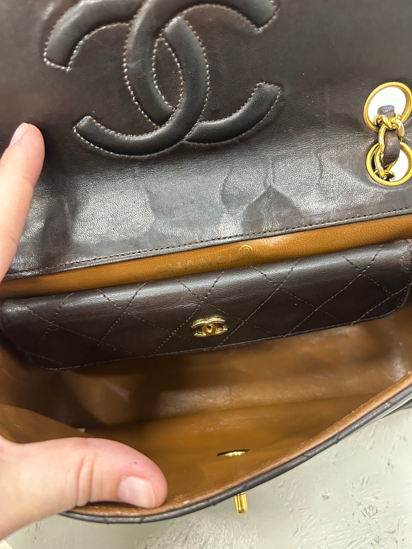 Chanel single flap bag brown